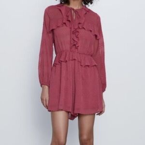 Zara Dusty Rose Ruffle Long-Sleeve Swiss Dot Romper Size XS